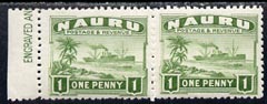 Nauru 1924-48 Century (Freighter) 1d green unmounted mint horiz pair, one stamp with vert guide line through l/hand value tablet, SG 27Avar