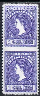 Surinam 1907 Queen Wilhelmina 1g vert pair imperf between being a 'Hialeah' forgery on gummed paper (as SG 102var), stamps on , stamps on  stamps on surinam 1907 queen wilhelmina 1g vert pair imperf between being a 'hialeah' forgery on gummed paper (as sg 102var)