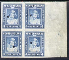 Newfoundland 1941-44 KG6 Princess Elizabeth 4c blue imperf marginal PROOF block of 4 each stamp with Waterlow security punch hole, some wrinkles but a scarce KG6 item (as SG 279), stamps on , stamps on  stamps on , stamps on  stamps on  kg6 , stamps on  stamps on royalty