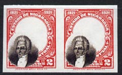 Nicaragua 1921 Centenary 2c with superb misplaced portrait, imperf pair being a 'Hialeah' forgery on gummed paper (as SG 459)