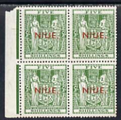 Niue 1941 KG6 Postal Fiscal Arms 5s unmounted mint block of 4 (v light gum discolouration) SG 84, stamps on , stamps on  stamps on , stamps on  stamps on  kg6 , stamps on  stamps on 