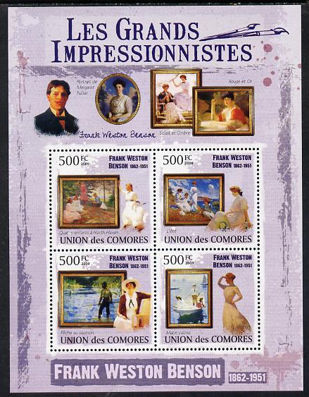 Comoro Islands 2009 The Impressionists - Frank Weston Benson perf sheetlet containing 4 values unmounted mint, stamps on , stamps on  stamps on arts