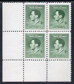 New Guinea 1937 KG6 Coronation 5d green SW corner block of 4 with major re-entry, stamps unmounted mint but very light crease, SG210a , stamps on , stamps on  kg6 , stamps on 