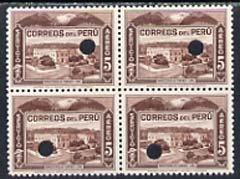 Peru 1938 Pictorial 5s (Ministry of Public Works) perforated proof block of 4 in near issued colour each stamp with Waterlow\D5s security puncture, stamps on 