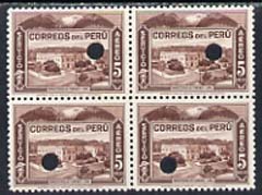Peru 1938 Pictorial 5s (Ministry of Public Works) perforated proof block of 4 in near issued colour each stamp with Waterlow’s security puncture, stamps on xxx