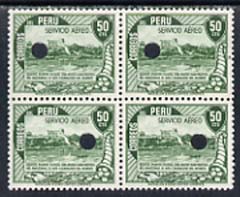 Peru 1938 Pictorial 50c (Port of Iquitos) perforated proof block of 4 in near issued colour each stamp with Waterlow\D5s security puncture, stamps on 
