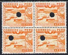 Peru 1938 Pictorial 30c (Irrigation Scheme) perforated proof block of 4 in near issued colour each stamp with Waterlow\D5s security puncture, stamps on 