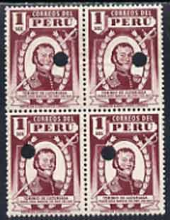 Peru 1938 Pictorial 1s (Toribio de Luzuriaga) perforated proof block of 4 in near issued colour each stamp with Waterlow\D5s security puncture, stamps on 