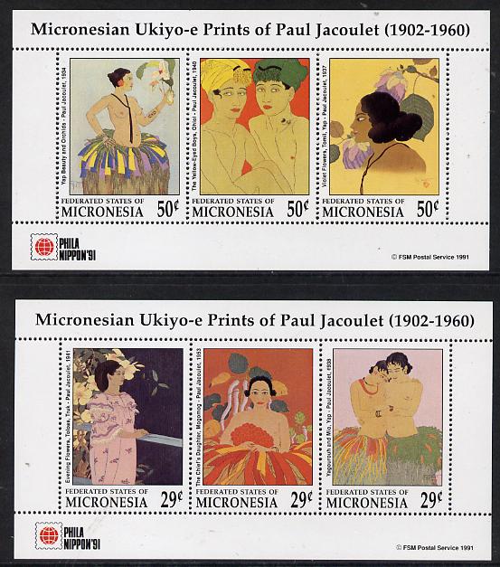 Micronesia 1991 'Phila Nippon 91' Stamp Exhibition set of 6 (Paintings by Paul Jacoulet) set of 6 (2 sheetlets) SG 115a & 228a, stamps on , stamps on  stamps on arts         stamp exhibitions     nudes