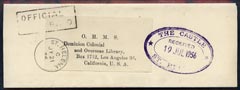 St Helena 1956 OHMS Official Paid wrapper to USA with Castle h/stamp in violet, marked Received instead of Despatched , stamps on castles