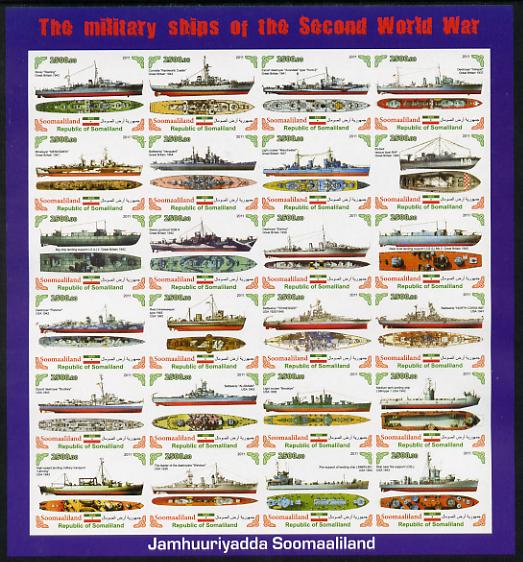 Somaliland 2011 Military Ships of WW2 #2 imperf sheetlet containing 24 values unmounted mint, stamps on , stamps on  ww2 , stamps on militaria, stamps on ships