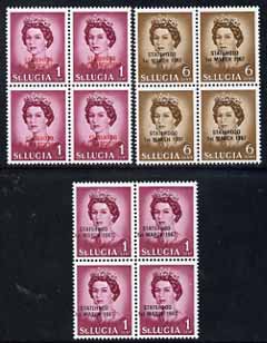 St Lucia 1967 unissued 1c & 6c with Statehood overprint in black & 1c with opt in red, each in unmounted mint blocks of 4, stamps on 