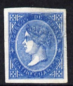 Spain 1867 PROOF of 4c blue (SG100) imperf with variety DOUBLE IMPRESSION (small tear & creased), stamps on 