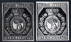 Spain 1853 photographic prints of 1c & 3c from Sperati's own negatives enlarged twice linear, one with special h/stamp on back, stamps on , stamps on  stamps on forgeries, stamps on  stamps on forger, stamps on  stamps on forgery, stamps on  stamps on sperati