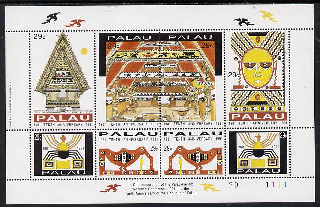 Palau 1991 Womens Conference sheetlet containing 8 values (Building, Spider) unmounted mint SG 469a, stamps on buildings   insects   women