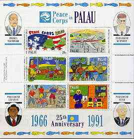 Palau 1991 US Peace Corps sheetlet containing set of 6 unmounted mint, SG 488a, stamps on agriculture    aviation     peace    constitutions   education     fish  marine-life   food    personalities