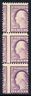 United States 1908 Washington 3c violet mounted mint (poor gum) vert strip of 3 with vert perfs misplaced 5.5 mm to left, stamps on 