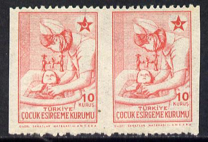 Turkey 1943-44 Obligatory Tax 10c (Nurse Bathing Baby) unmounted mint horiz pair with vertical perfs omitted, SG T1342var, stamps on , stamps on  stamps on red cross    medical    nurses