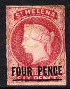 St Helena 1863 QV Crown CC imperf 4d carmine, 3 margins with possibly pen cancel SG 5 cat A3250, stamps on , stamps on  stamps on , stamps on  stamps on  qv , stamps on  stamps on 