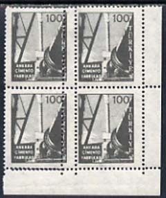 Turkey 1959 Cement Factory 100k mounted mint corner block of 4 with additional row of vert perfs, stamps on 