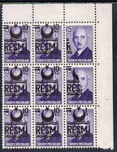 Turkey 1955-57 Official 15k violet unmounted mint corner block of 9 with opt partly omitted due to paper fold, stamps on , stamps on  stamps on turkey 1955-57 official 15k violet unmounted mint corner block of 9 with opt partly omitted due to paper fold