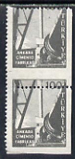 Turkey 1959 Cement Factory 100k mounted mint vert pair imperf at right and horiz perfs misplaced, stamps on 