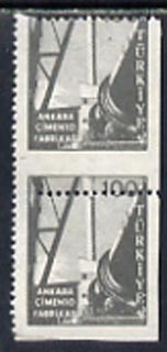 Turkey 1959 Cement Factory 100k mounted mint vert pair imperf at right and horiz perfs misplaced, stamps on , stamps on  stamps on turkey 1959 cement factory 100k mounted mint vert pair imperf at right and horiz perfs misplaced
