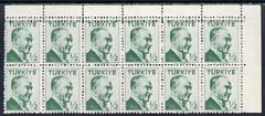 Turkey 1956 Ataturk 1/2k green unmounted mint corner block of 12 with doubled perfs at top, SG 1618var, stamps on , stamps on dictators.