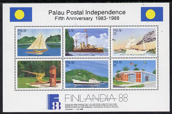 Palau 1988 Filandia 88 Stamp Exhibition (Postal Independence - Ships) m/sheet unmounted mint, SG MS 236, stamps on postal   ships, stamps on stamp exhibitions