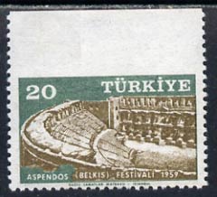 Turkey 1959 Aspendos Festival 20k unmounted mint marginal imperf between stamp and margin, stamps on , stamps on  stamps on turkey 1959 aspendos festival 20k unmounted mint marginal imperf between stamp and margin