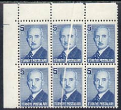 Turkey 1948 Ataturk 5k blue unmounted mint corner block of 6 with pre-printing paper fold resulting in diagonal white line, stamps on , stamps on  stamps on turkey 1948 ataturk 5k blue unmounted mint corner block of 6 with pre-printing paper fold resulting in diagonal white line