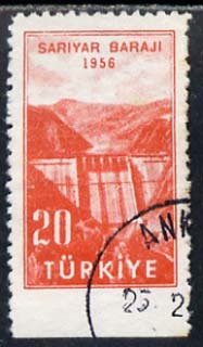 Turkey 1956 Sariyar Dam 20k fine used single imperf between stamp and margin, stamps on , stamps on  stamps on turkey 1956 sariyar dam 20k fine used single imperf between stamp and margin