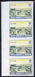 Turkey 1963 Mausoleum 50k def vert strip of 4 imperf on three sides unmounted mint, stamps on , stamps on  stamps on turkey 1963 mausoleum 50k def vert strip of 4 imperf on three sides unmounted mint