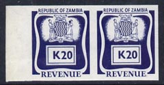 Zambia 1968 Revenue K20 blue imperf proof pair, stamps on , stamps on  stamps on zambia 1968 revenue k20 blue imperf proof pair