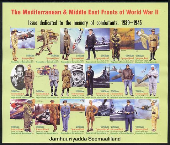 Somaliland 2011 The Mediterranean & Middle East Fronts of World War II #1 imperf sheetlet containing 18 values unmounted mint, stamps on , stamps on  stamps on militaria, stamps on  stamps on  ww2 , stamps on  stamps on aviation, stamps on  stamps on tanks, stamps on  stamps on ships, stamps on  stamps on uniforms