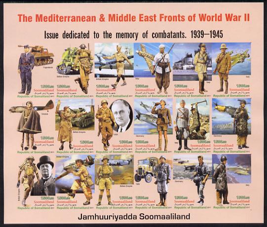 Somaliland 2011 The Mediterranean & Middle East Fronts of World War II #2 imperf sheetlet containing 18 values unmounted mint, stamps on , stamps on  stamps on militaria, stamps on  stamps on  ww2 , stamps on  stamps on aviation, stamps on  stamps on tanks, stamps on  stamps on ships, stamps on  stamps on uniforms, stamps on  stamps on churchill, stamps on  stamps on roosevelt