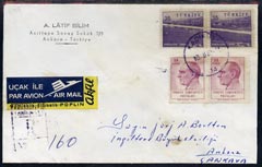 Turkey 1971 Registered Air mail cover to UK bearing various adhesives incl 1959 Pictorial 25k horiz pair with pre-printing paper fold resulting in diagonal white line, rare on cover, stamps on , stamps on  stamps on turkey 1971 registered air mail cover to uk bearing various adhesives incl 1959 pictorial 25k horiz pair with pre-printing paper fold resulting in diagonal white line, stamps on  stamps on  rare on cover