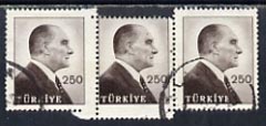 Turkey 1959 Pictorial 250k Portrait of Ataturk used strip of 3 with superb perf jump, rare on higher values, SG 1870, stamps on , stamps on , stamps on dictators.