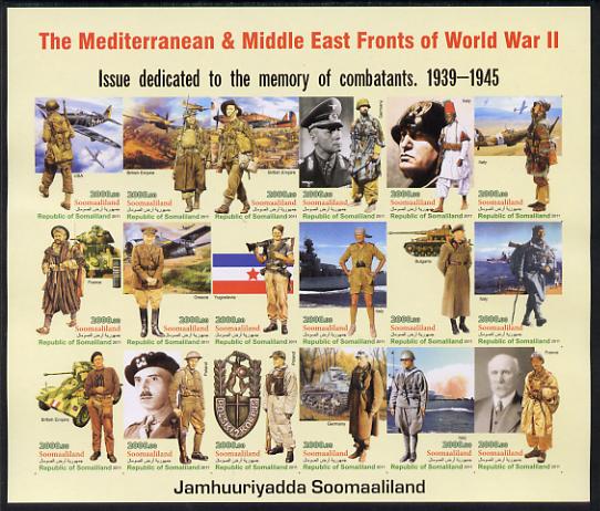 Somaliland 2011 The Mediterranean & Middle East Fronts of World War II #3 imperf sheetlet containing 18 values unmounted mint, stamps on , stamps on  stamps on militaria, stamps on  stamps on  ww2 , stamps on  stamps on aviation, stamps on  stamps on tanks, stamps on  stamps on ships, stamps on  stamps on uniforms