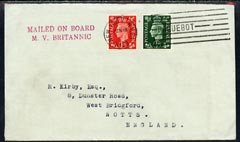 Great Britain 1939 cover to UK bearing Great Britain KG6 1/2d & 1d with New York PAQUEBOT cancel endorsed MV Britannic, stamps on paquebot, stamps on  kg6 , stamps on 