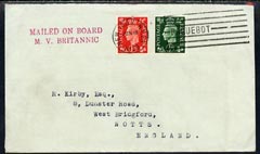 Great Britain 1939 cover to UK bearing Great Britain KG6 1/2d & 1d with New York PAQUEBOT cancel endorsed MV Britannic, stamps on , stamps on  stamps on paquebot, stamps on  stamps on  kg6 , stamps on  stamps on 