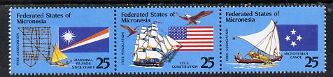 Micronesia 1990 Free Association strip of 3 (Birds, Ships & Flags) unmounted mint SG 198a, stamps on , stamps on  stamps on birds, stamps on birds of prey, stamps on flags, stamps on ships