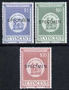 St Vincent 1980 Postal Fiscals set of 3 high values ($5, $10 & $20) each optd Specimen unmounted mint, as SG F4-6, stamps on 