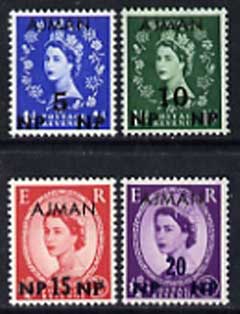 Ajman 1960c Great Britain QEII stamps 5np on 1d, 10np on 1.5d, 15np on 2.5d & 20np on 3d each additionaly optd Ajman unmounted mint, believed to be official essays, stamps on 