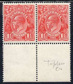 Australia 1924 KG5 Head 1.5d scarlet  marginal horiz pair one stamp with no top to Crown lightly mounted, SG77, stamps on , stamps on  kg5 , stamps on 