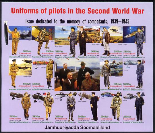 Somaliland 2011 Uniforms of Pilots in World War II imperf sheetlet containing 16 values unmounted mint, stamps on , stamps on  stamps on militaria, stamps on  stamps on  ww2 , stamps on  stamps on aviation, stamps on  stamps on uniforms, stamps on  stamps on churchill, stamps on  stamps on roosevelt