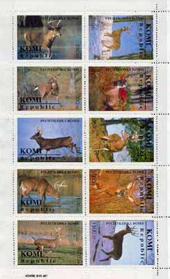 Komi Republic 1996 Deer sheetlet containing complete set of 10 values unmounted mint, stamps on , stamps on  stamps on animals    deer