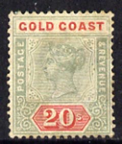 Gold Coast 1889-94 QV CA 20s green & red a cleaned fiscal and probably regummed to produce a very acceptable space-filler of this exceptionally scarce stamp (cat A33,250 mint) SG24, stamps on , stamps on  stamps on , stamps on  stamps on  qv , stamps on  stamps on 