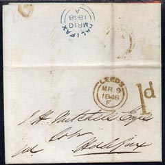 Great Britain 1848 entire LEEDS to HALIFAX, both marks very fine with 1d h/stamp, stamps on 