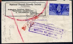 Great Britain 1946 KG6 commercial cover to Nottingham with 'not to be Found' in red and 'Undelivered For Reason Stated/ Return to sender' in violet, roughly opened, stamps on , stamps on  stamps on , stamps on  stamps on  kg6 , stamps on  stamps on 